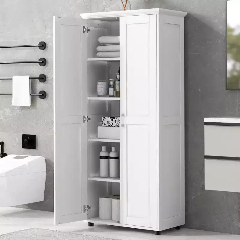 Armoire de rangement haute de salle de bain, meuble de sol autoportant avec 2 portes, étagères réglables, 5 compartiments intérieurs pour cuisine/garde-manger