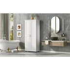 Armoire de rangement haute de salle de bain, meuble de sol autoportant avec 2 portes, étagères réglables, 5 compartiments intérieurs pour cuisine/garde-manger