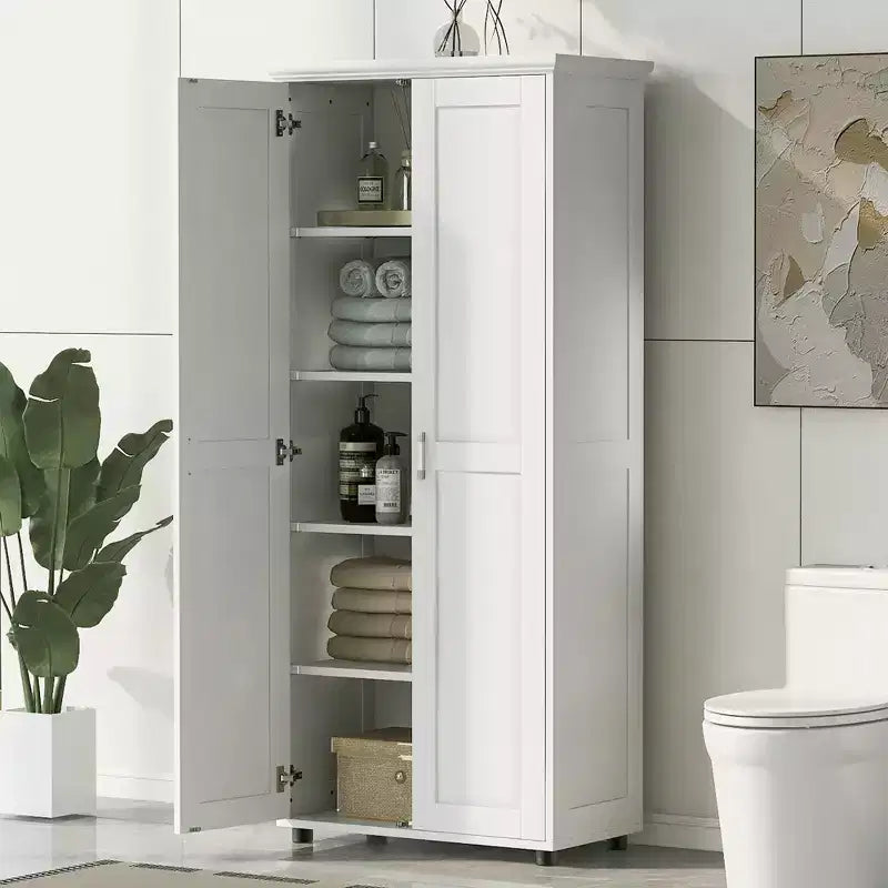 Armoire de rangement haute de salle de bain, meuble de sol autoportant avec 2 portes, étagères réglables, 5 compartiments intérieurs pour cuisine/garde-manger