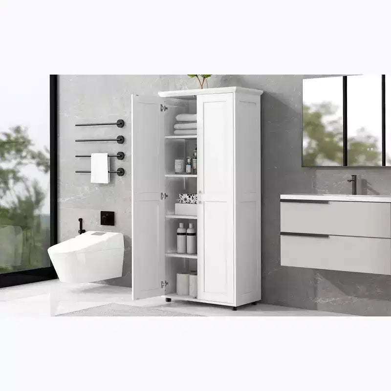 Armoire de rangement haute de salle de bain, meuble de sol autoportant avec 2 portes, étagères réglables, 5 compartiments intérieurs pour cuisine/garde-manger