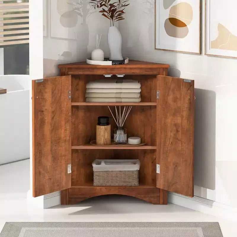 Meuble d'angle de salle de bain moderne en bois GDFStudio Ellis avec étagère réglable