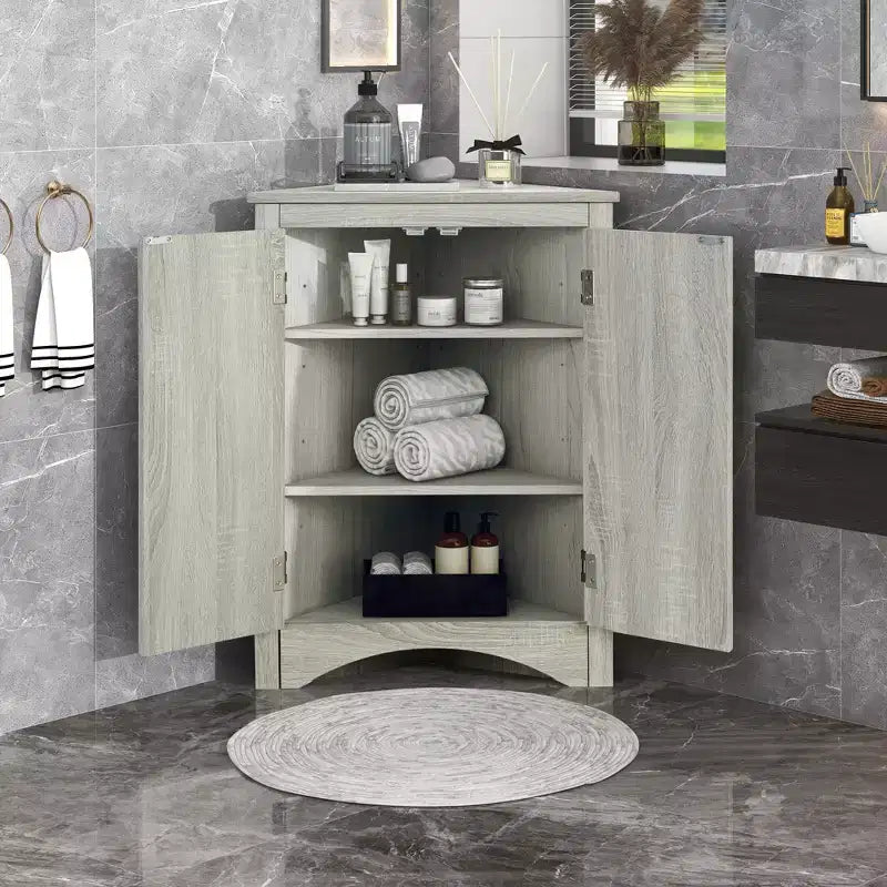 Meuble d'angle de salle de bain moderne en bois GDFStudio Ellis avec étagère réglable
