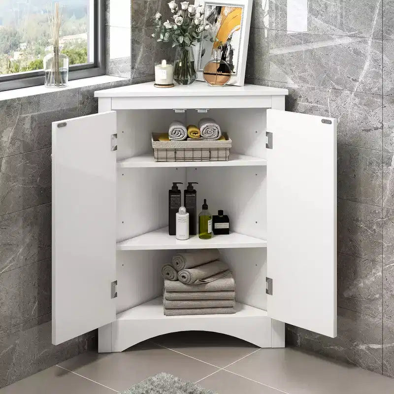 Meuble d'angle de salle de bain moderne en bois GDFStudio Ellis avec étagère réglable