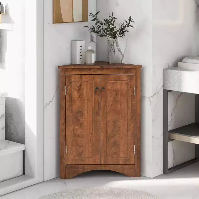 Meuble d'angle de salle de bain moderne en bois GDFStudio Ellis avec étagère réglable