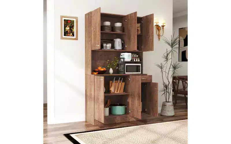 TUYOHW Armoire de rangement 6 portes, Armoire et meuble de cuisine haute de 180 cm avec tiroir et étagère ouverte, Meuble de rangement de cuisine et armoire de chambre en MDF