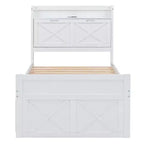 Lit double en bois Whisen, cadre de lit extensible avec lit gigogne double, tête de lit de rangement, trois tiroirs