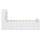 Lit double en bois Whisen, cadre de lit extensible avec lit gigogne double, tête de lit de rangement, trois tiroirs