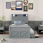 Lit double en bois Whisen, cadre de lit extensible avec lit gigogne double, tête de lit de rangement, trois tiroirs