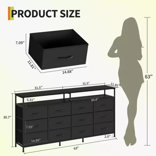 Commode TV de 160 cm en tissu pour chambre à coucher - Commode longue à 12 tiroirs pour salon - Commode noire avec étagères ouvertes