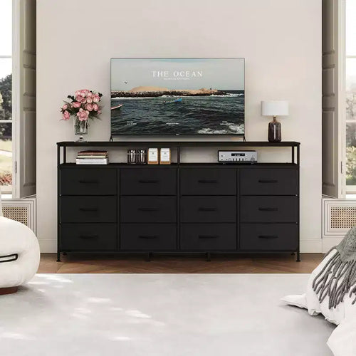 63 Inches Fabric Dresser TV Stand for Bedroom - 12 Drawer Long Dresser for Living Room - Black Chest of Drawers with Open Shelves
