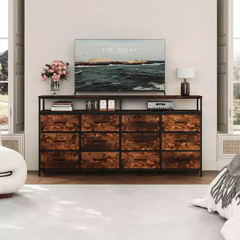 Commode TV de 160 cm en tissu pour chambre à coucher - Commode longue à 12 tiroirs pour salon - Commode noire avec étagères ouvertes