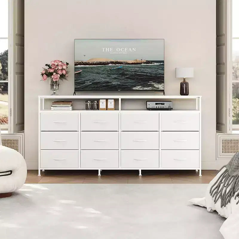 Commode TV de 160 cm en tissu pour chambre à coucher - Commode longue à 12 tiroirs pour salon - Commode noire avec étagères ouvertes