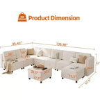 Acekool Canapé d'angle modulable 9 places en forme de L avec pouf de rangement et couchage convertible, pour salon, chambre à coucher, beige