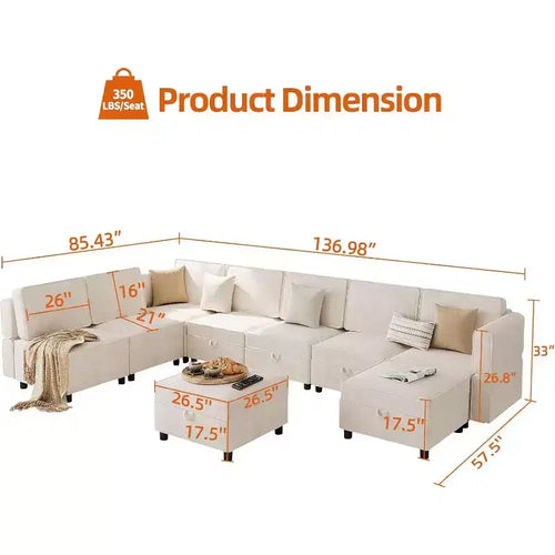 Acekool Canapé d'angle modulable 9 places en forme de L avec pouf de rangement et couchage convertible, pour salon, chambre à coucher, beige