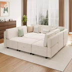 Acekool Canapé d'angle modulable 9 places en forme de L avec pouf de rangement et couchage convertible, pour salon, chambre à coucher, beige