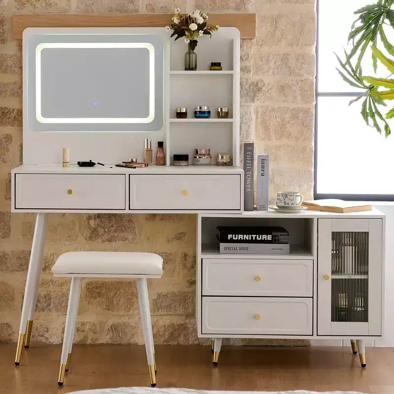 GDFStudio Ramon Coiffeuse 4 tiroirs avec tabouret, miroir dimmable, prise électrique et armoire latérale réglable