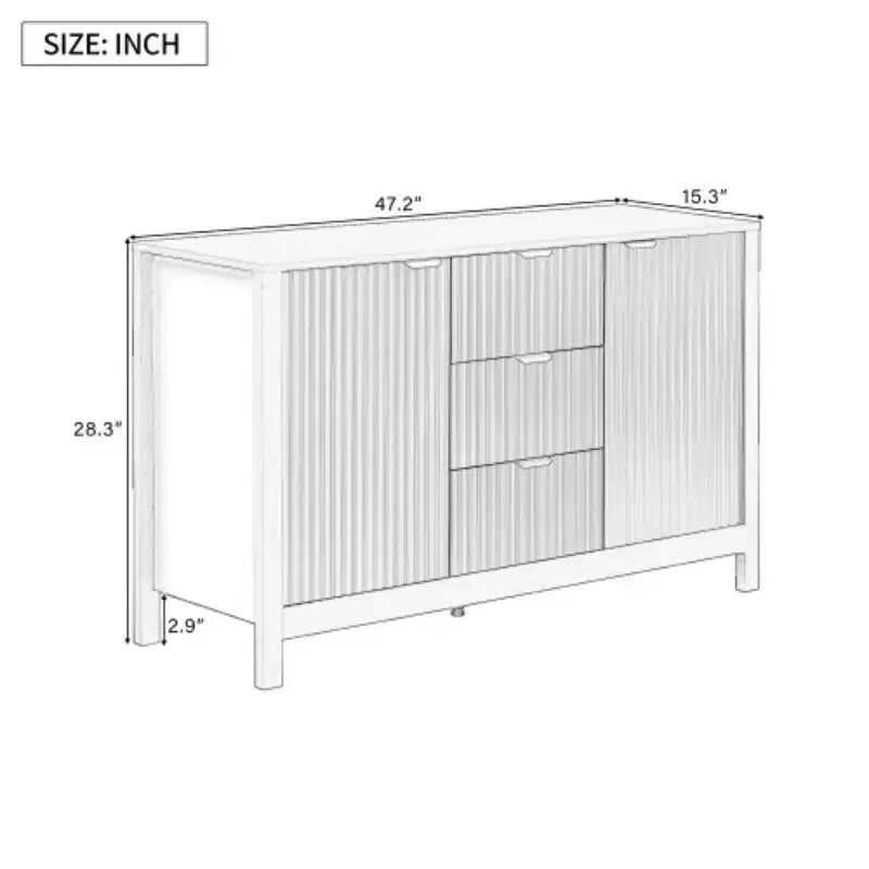 Buffet moderne à vagues 47, meuble de rangement à 3 tiroirs avec texture cannelée, portes à fermeture douce, poignées dorées pour entrée - Panipeachy
