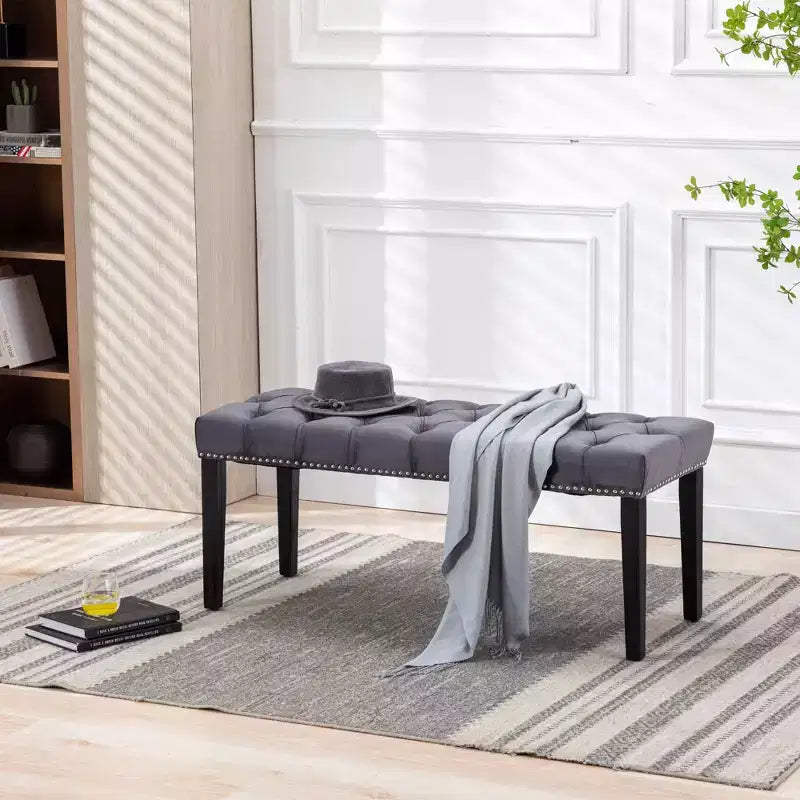 TUYOHW 45.2 Banc Ottomane Moderne en Velours avec Capitonnage, Banc d'entrée Rectangulaire Rembourré avec Pieds en Bois, Banc à Chaussures pour Salon, Chambre à Coucher