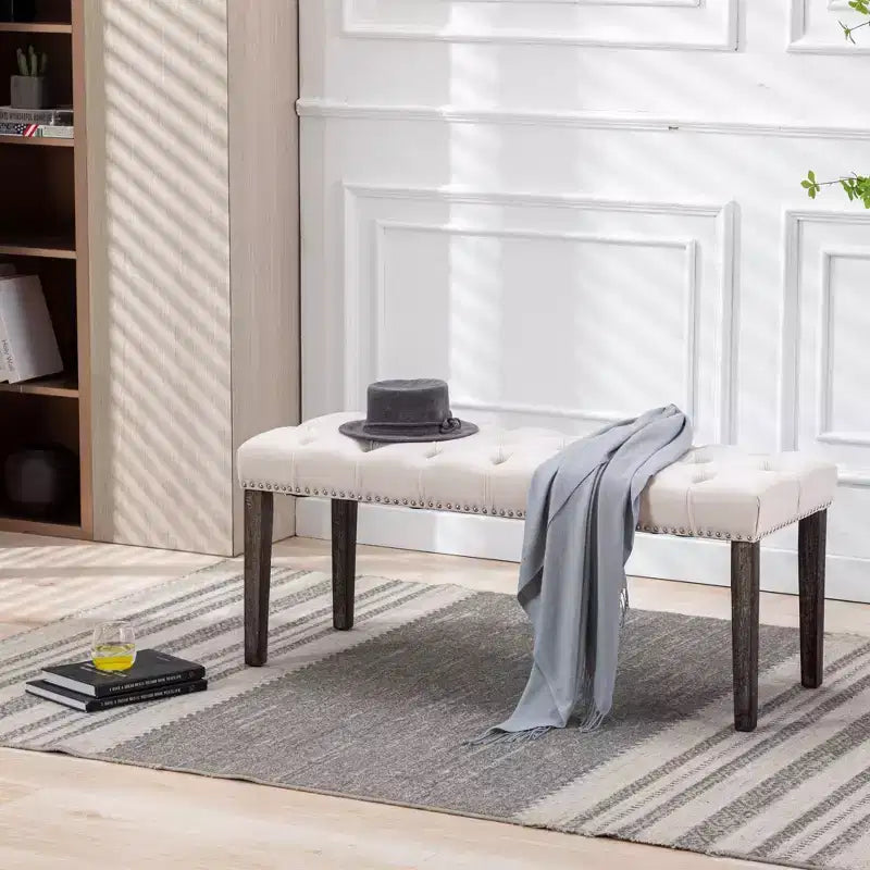 TUYOHW 45.2 Banc Ottomane Moderne en Velours avec Capitonnage, Banc d'entrée Rectangulaire Rembourré avec Pieds en Bois, Banc à Chaussures pour Salon, Chambre à Coucher