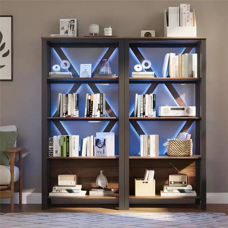 Étagère de bibliothèque LED avec barre lumineuse, étagère échelle à 4 ou 5 niveaux en panneau de particules et cadre en fer couleur vintage pour salon ou chambre à coucher
