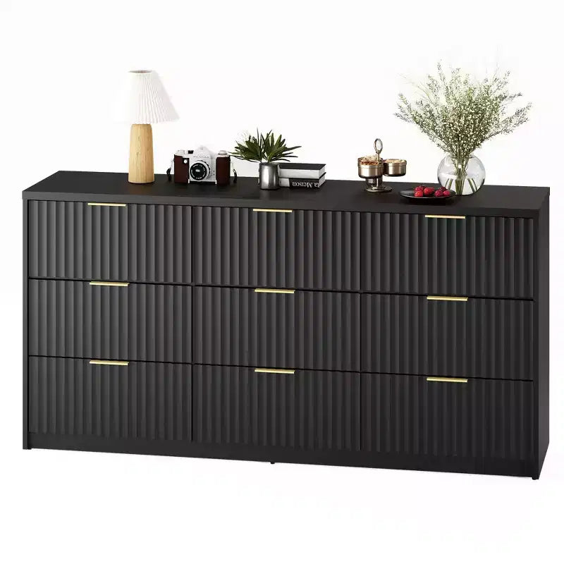 COZONY Commode cannelée à 8/9 tiroirs - Grand meuble de rangement en bois avec poignées métalliques et dispositif anti-basculement pour chambre à coucher, salon, couloir