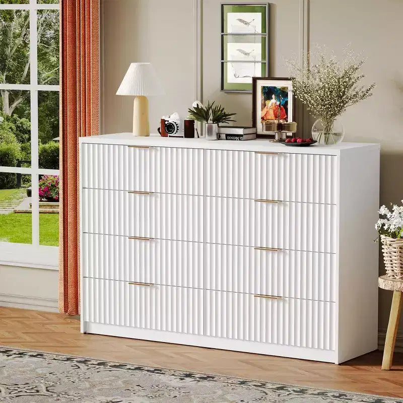 COZONY Commode cannelée à 8/9 tiroirs - Grand meuble de rangement en bois avec poignées métalliques et dispositif anti-basculement pour chambre à coucher, salon, couloir
