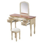 Coiffeuse de Maquillage Vintage Whisen, Table de Toilette avec Miroir Cadre Floral Courbé, 5 Tiroirs et Tabouret en Cuir - Marron et Blanc Antique