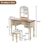 Coiffeuse de Maquillage Vintage Whisen, Table de Toilette avec Miroir Cadre Floral Courbé, 5 Tiroirs et Tabouret en Cuir - Marron et Blanc Antique