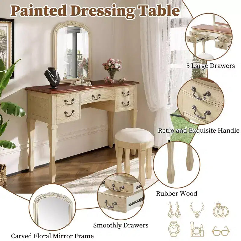 Coiffeuse de Maquillage Vintage Whisen, Table de Toilette avec Miroir Cadre Floral Courbé, 5 Tiroirs et Tabouret en Cuir - Marron et Blanc Antique