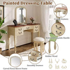Coiffeuse de Maquillage Vintage Whisen, Table de Toilette avec Miroir Cadre Floral Courbé, 5 Tiroirs et Tabouret en Cuir - Marron et Blanc Antique