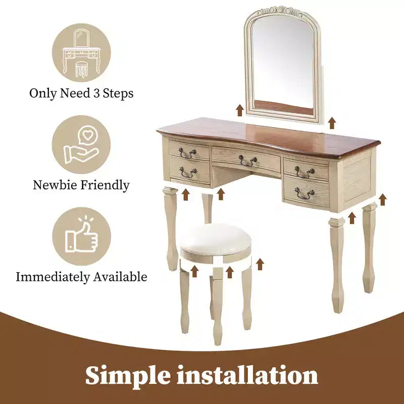Coiffeuse de Maquillage Vintage Whisen, Table de Toilette avec Miroir Cadre Floral Courbé, 5 Tiroirs et Tabouret en Cuir - Marron et Blanc Antique