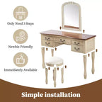 Coiffeuse de Maquillage Vintage Whisen, Table de Toilette avec Miroir Cadre Floral Courbé, 5 Tiroirs et Tabouret en Cuir - Marron et Blanc Antique