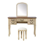 Coiffeuse de Maquillage Vintage Whisen, Table de Toilette avec Miroir Cadre Floral Courbé, 5 Tiroirs et Tabouret en Cuir - Marron et Blanc Antique