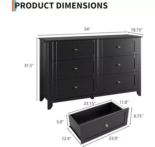 Commode à 6 tiroirs pour chambre à coucher, grande commode de 54 pouces de large avec tiroirs profonds et poignées en métal, commodes modernes en bois pour entrée, couloir
