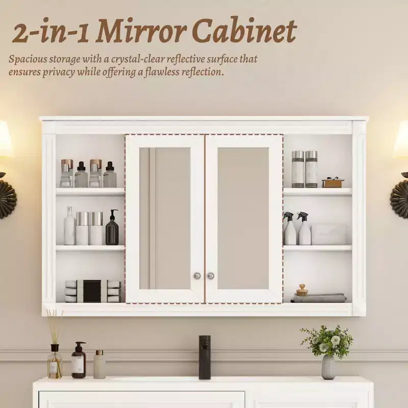 Meuble haut de salle de bain de 47 pouces, Armoire à pharmacie murale avec miroir et étagères ouvertes, Armoire de rangement flottante au-dessus des toilettes pour salle de bain