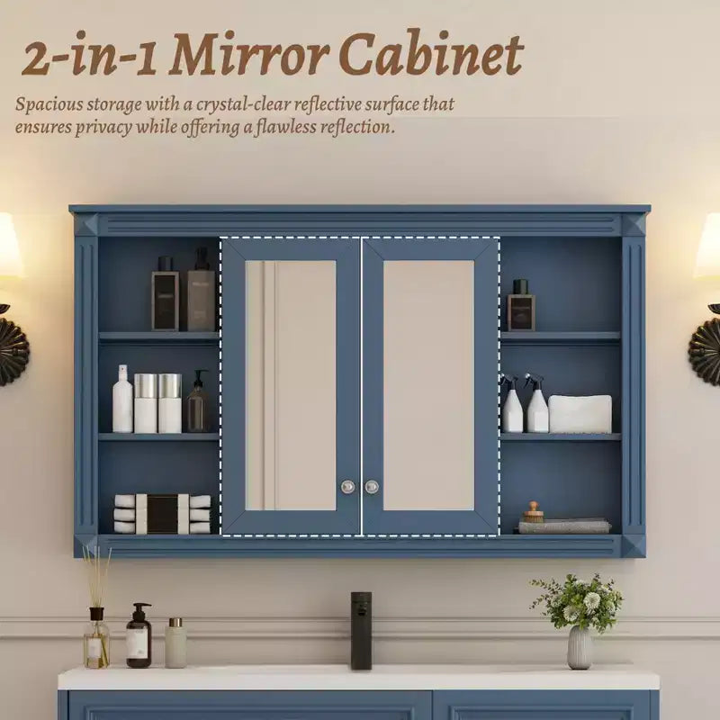 Meuble haut de salle de bain de 47 pouces, Armoire à pharmacie murale avec miroir et étagères ouvertes, Armoire de rangement flottante au-dessus des toilettes pour salle de bain