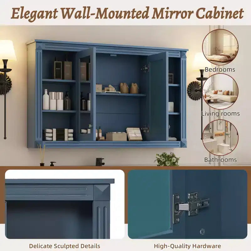 Meuble haut de salle de bain de 47 pouces, Armoire à pharmacie murale avec miroir et étagères ouvertes, Armoire de rangement flottante au-dessus des toilettes pour salle de bain