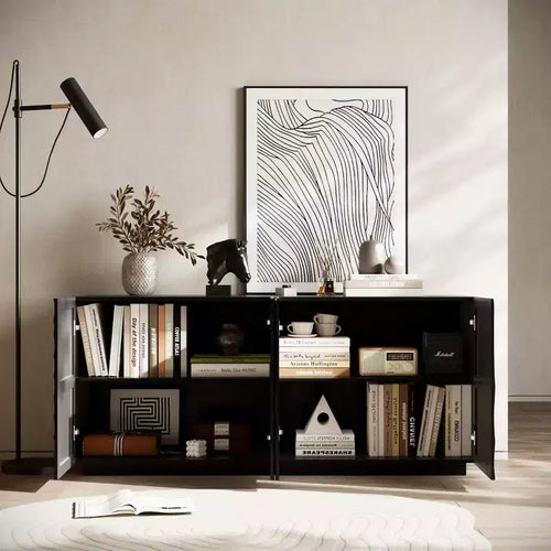 59 Buffet de buffet latéral en spirale moderne, meuble de rangement d'entrée d'art à profil bas avec portes texturées à ondulations 3D - Panipeachy