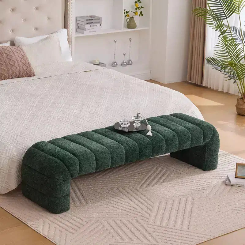 Okak 69.7 Banc de lit moderne sans accoudoirs avec capitonnage cannelé, poufs-ottomans en chenille, banc d'entrée pour salon, chambre à coucher