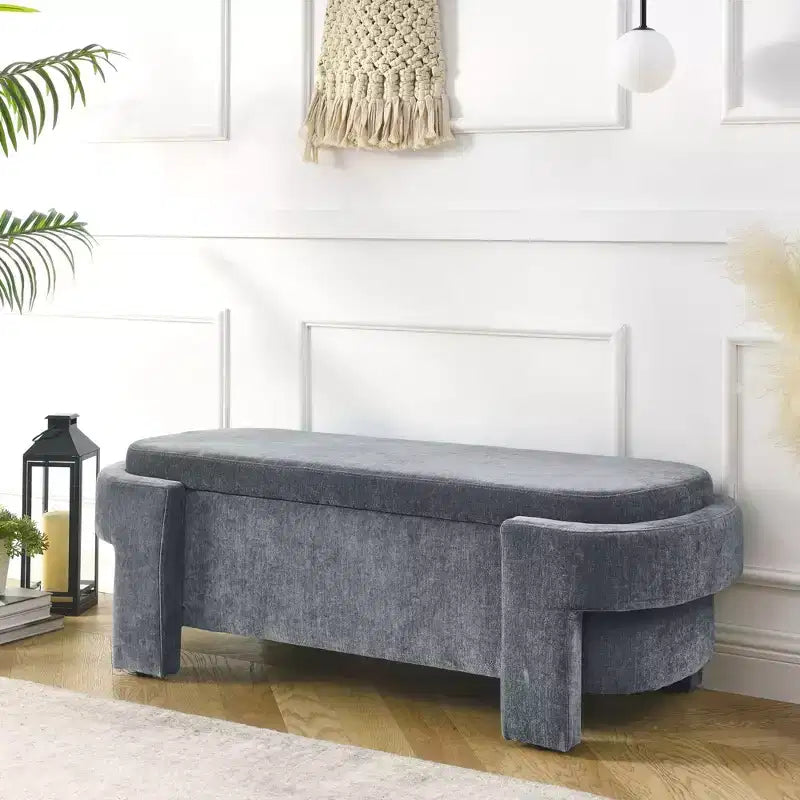 Banc de rangement ottoman ovale Okak avec grand espace de rangement, banc de rangement avec pieds décoratifs en bois et coussins en lin, banc d'entrée
