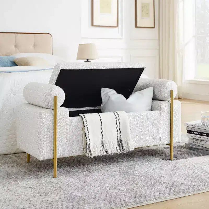 Okak Banc de Rangement Élégant avec Accoudoirs Cylindriques, Banc Rembourré Bout de Lit avec Pieds en Fer, Banc d'Entrée pour Salon, Chambre à Coucher
