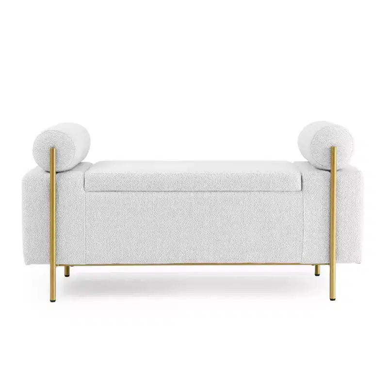 Okak Banc de Rangement Élégant avec Accoudoirs Cylindriques, Banc Rembourré Bout de Lit avec Pieds en Fer, Banc d'Entrée pour Salon, Chambre à Coucher