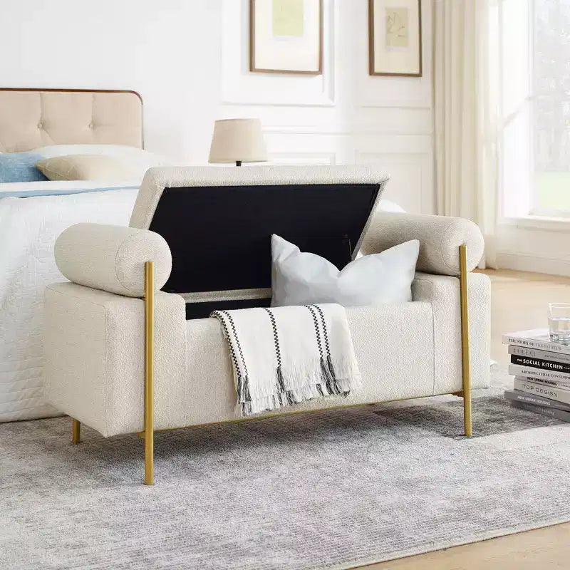 Okak Banc de Rangement Élégant avec Accoudoirs Cylindriques, Banc Rembourré Bout de Lit avec Pieds en Fer, Banc d'Entrée pour Salon, Chambre à Coucher