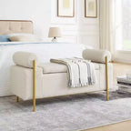Okak Banc de Rangement Élégant avec Accoudoirs Cylindriques, Banc Rembourré Bout de Lit avec Pieds en Fer, Banc d'Entrée pour Salon, Chambre à Coucher
