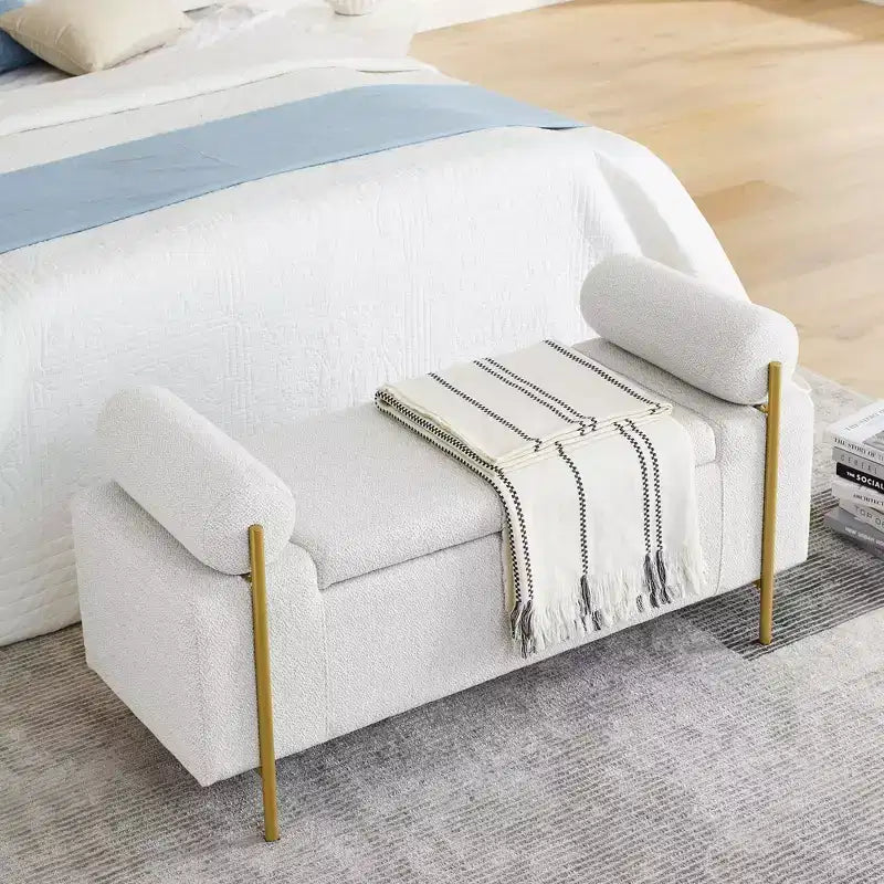 Okak Elegent Storage Bench with Cylindrical Arms, Upholstered End of Bed Bench with Iron Legs, Entryway Bench for Living Room, Bedroom, Bedroom