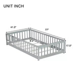 Lit au sol double Bellemave avec clôture et porte, cadre de lit Montessori bas pour enfants, bois d'hévéa massif, barrières de sécurité, assemblage facile