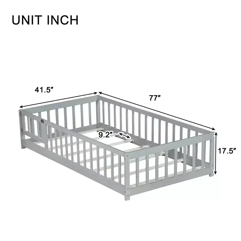 Lit au sol double Bellemave avec clôture et porte, cadre de lit Montessori bas pour enfants, bois d'hévéa massif, barrières de sécurité, assemblage facile
