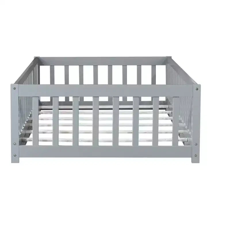 Lit au sol double Bellemave avec clôture et porte, cadre de lit Montessori bas pour enfants, bois d'hévéa massif, barrières de sécurité, assemblage facile