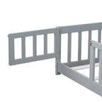 Lit au sol double Bellemave avec clôture et porte, cadre de lit Montessori bas pour enfants, bois d'hévéa massif, barrières de sécurité, assemblage facile