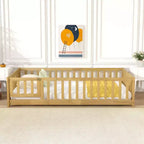 Lit au sol double Bellemave avec clôture et porte, cadre de lit Montessori bas pour enfants, bois d'hévéa massif, barrières de sécurité, assemblage facile